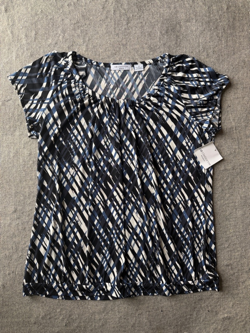 Liz Claiborne Black, Blue & White Plaid Short-Sleeve Scoop Neck Top